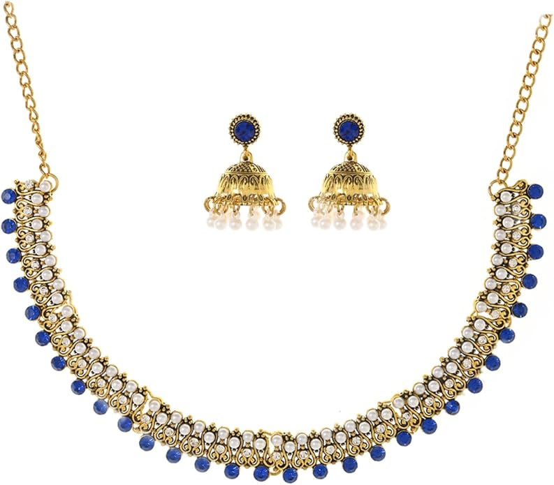 Jhumka-Indian-Jewelry-Sets-for-Women-Kundan-Necklace-Choker Chain Earrings Gold Rhinestones Chain Earrings Oxidized Indian Jewelry Set