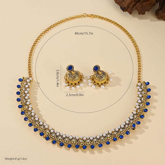 Jhumka-Indian-Jewelry-Sets-for-Women-Kundan-Necklace-Choker Chain Earrings Gold Rhinestones Chain Earrings Oxidized Indian Jewelry Set