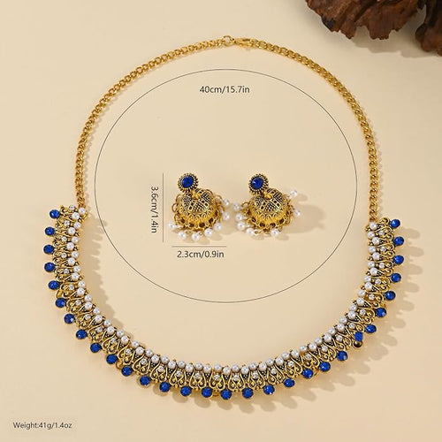 Jhumka-Indian-Jewelry-Sets-for-Women-Kundan-Necklace-Choker Chain Earrings Gold Rhinestones Chain Earrings Oxidized Indian Jewelry Set