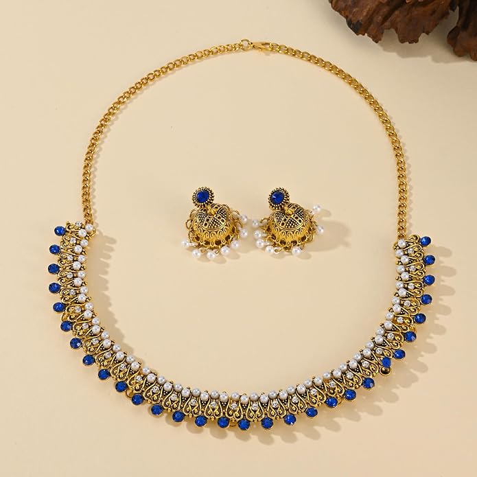 Jhumka-Indian-Jewelry-Sets-for-Women-Kundan-Necklace-Choker Chain Earrings Gold Rhinestones Chain Earrings Oxidized Indian Jewelry Set