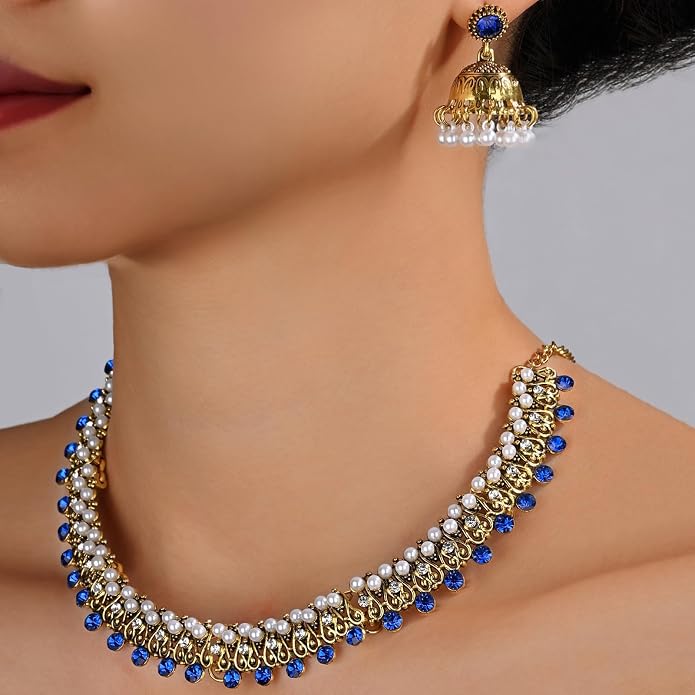 Jhumka-Indian-Jewelry-Sets-for-Women-Kundan-Necklace-Choker Chain Earrings Gold Rhinestones Chain Earrings Oxidized Indian Jewelry Set