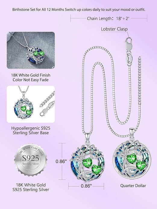 TOUPOP s925 Sterling Silver Family Celtic Tree of Life Pendant Necklaces with 2 Heart Birthstone with Blue Austrian Crystal Jewelry Birthday Valentines Day Gift, Anniversary Christmas Gift for Wife Girlfriend Mom (18K Real White Gold Filled)