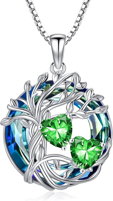 TOUPOP s925 Sterling Silver Family Celtic Tree of Life Pendant Necklaces with 2 Heart Birthstone with Blue Austrian Crystal Jewelry Birthday Valentines Day Gift, Anniversary Christmas Gift for Wife Girlfriend Mom (18K Real White Gold Filled)