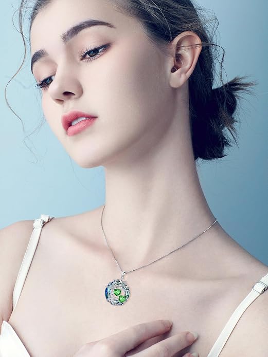 TOUPOP s925 Sterling Silver Family Celtic Tree of Life Pendant Necklaces with 2 Heart Birthstone with Blue Austrian Crystal Jewelry Birthday Valentines Day Gift, Anniversary Christmas Gift for Wife Girlfriend Mom (18K Real White Gold Filled)
