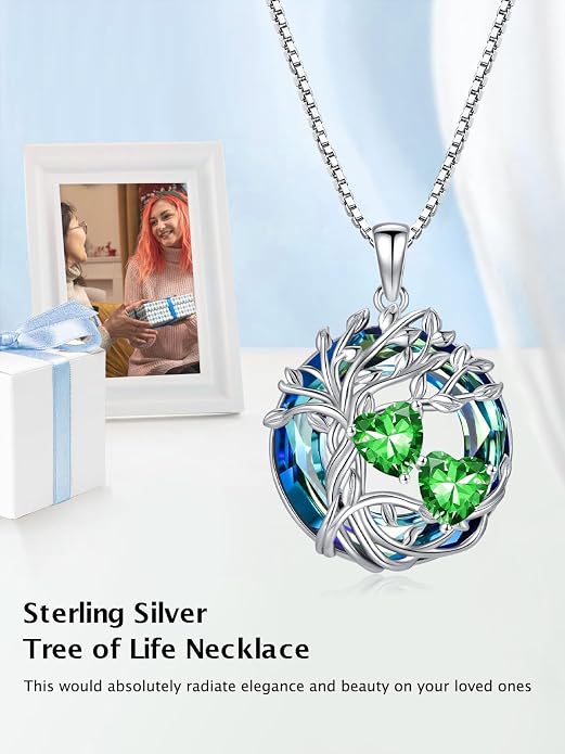 TOUPOP s925 Sterling Silver Family Celtic Tree of Life Pendant Necklaces with 2 Heart Birthstone with Blue Austrian Crystal Jewelry Birthday Valentines Day Gift, Anniversary Christmas Gift for Wife Girlfriend Mom (18K Real White Gold Filled)