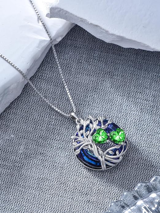 TOUPOP s925 Sterling Silver Family Celtic Tree of Life Pendant Necklaces with 2 Heart Birthstone with Blue Austrian Crystal Jewelry Birthday Valentines Day Gift, Anniversary Christmas Gift for Wife Girlfriend Mom (18K Real White Gold Filled)